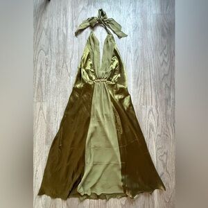 Donna Ricco Olive Green Halter Satin Maxi Dress